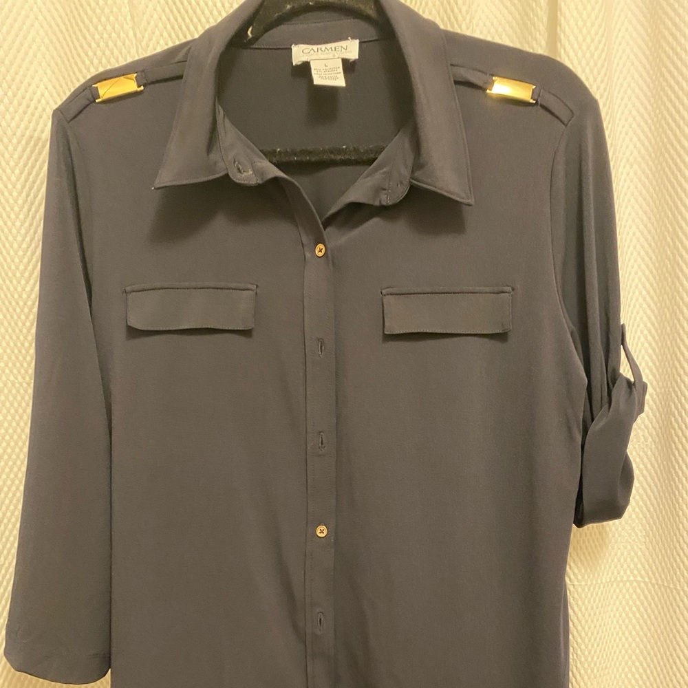 Carmen Navy Blouse with Gold Detail Large